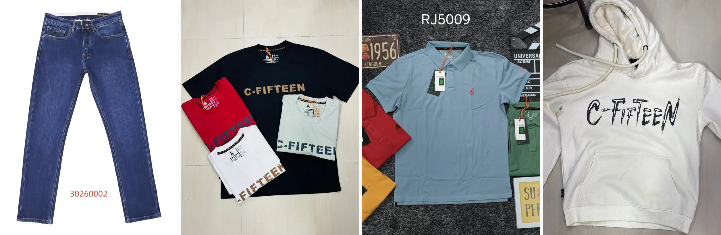 Four C-15 product photographs side by side: mid-blue jeans, black graphic t-shirt pack, sky-blue polo pack and the white C-Fifteen hoodie