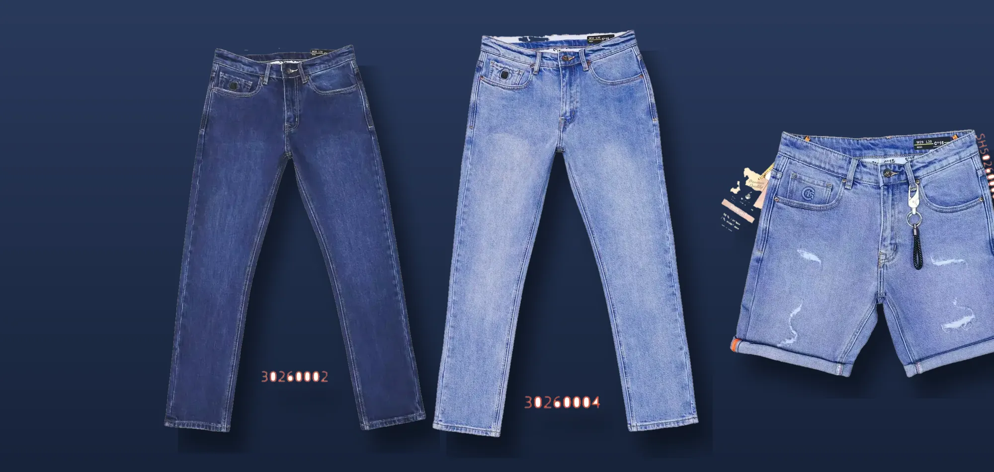 Three pairs of C-15 denim, mid-blue and light-blue jeans and distressed shorts, floating over an indigo background