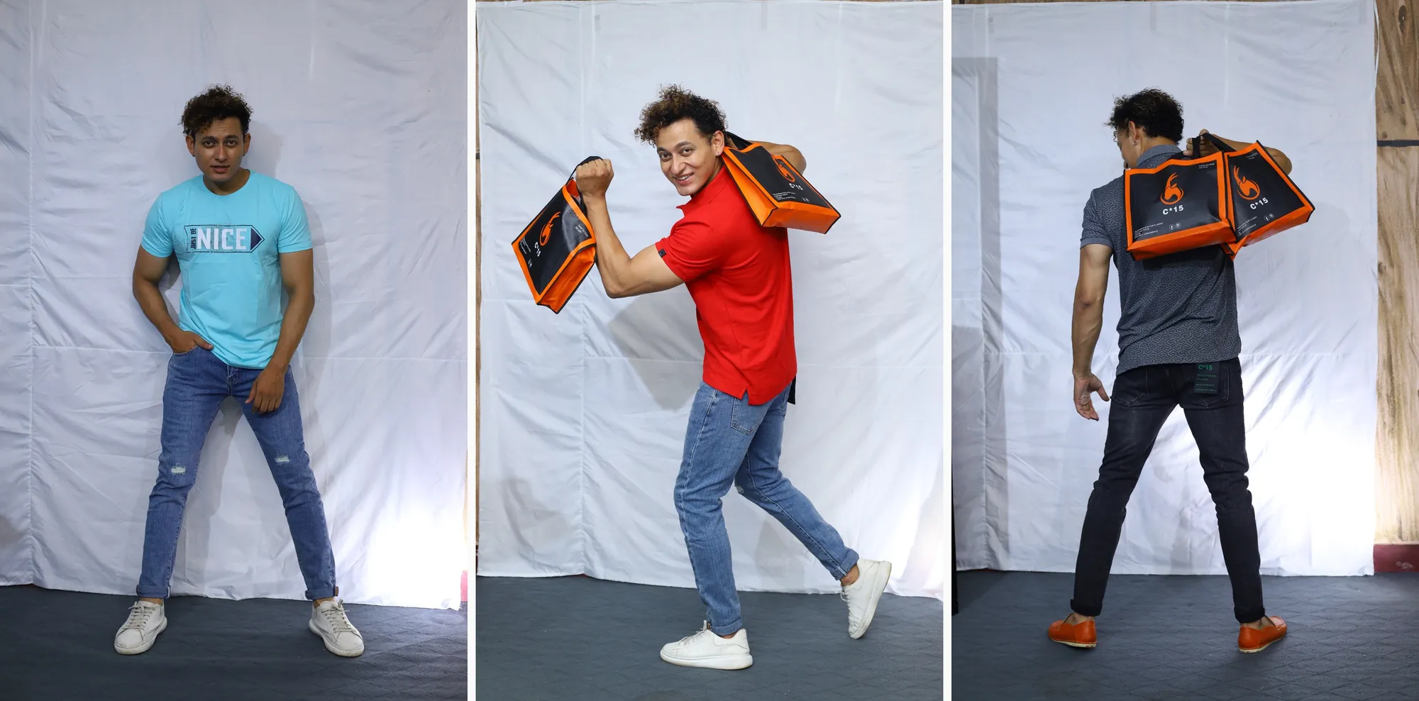 Three studio shots of models wearing C-15 t-shirts, polos and jeans against a white backdrop