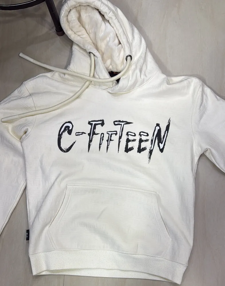 White C-Fifteen hoodie with hand-lettered chest print laid flat
