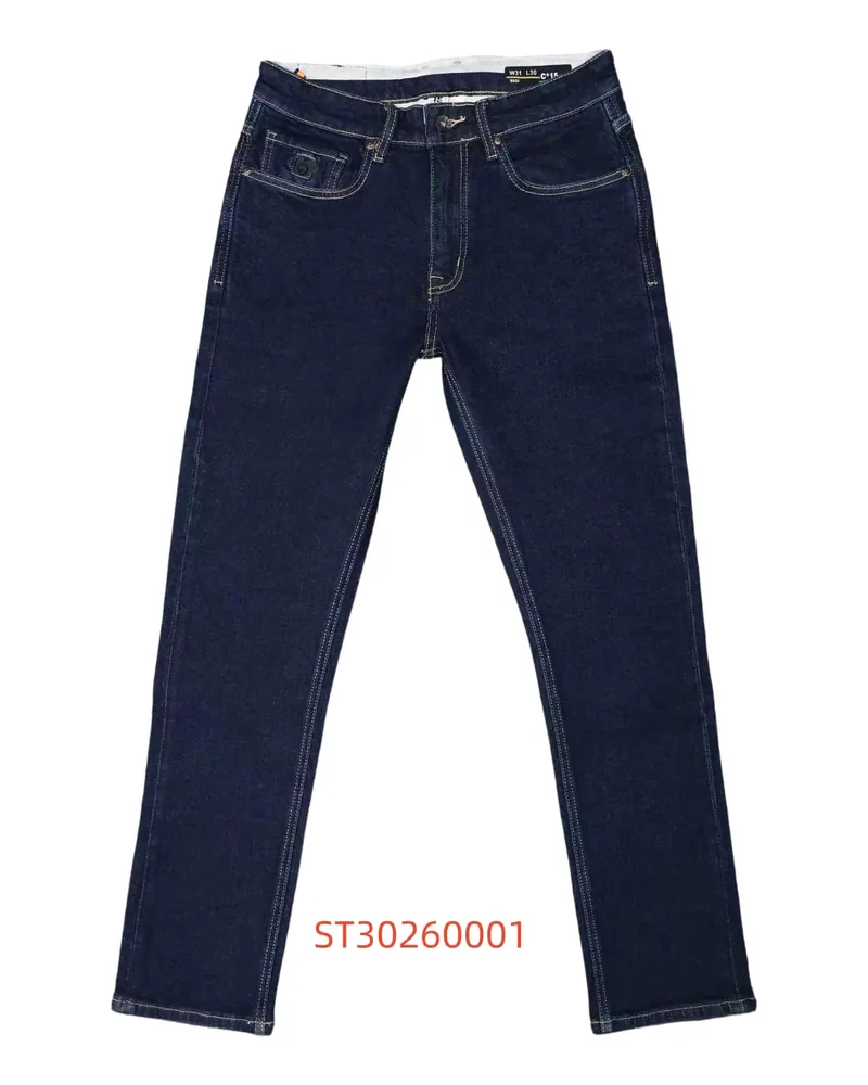 C-15 dark navy slim-fit jeans photographed flat on a white studio background