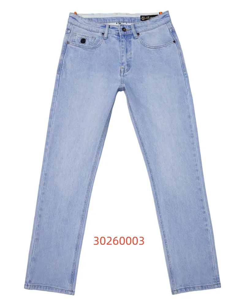 C-15 sky-blue slim-fit jeans photographed flat on a white studio background