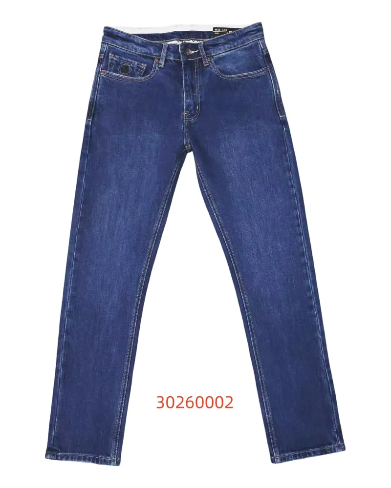 C-15 mid-blue slim-fit jeans photographed flat on a white studio background