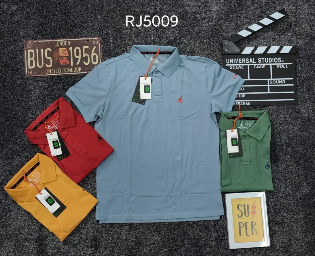 Sky-blue C-15 polo shirt with mustard, red and green colour options arranged around it
