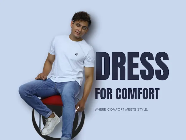 C-15 Dress For Comfort graphic of a model seated in a white tee and light jeans