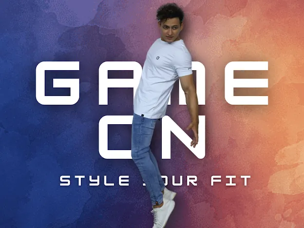 Wide C-15 Game On campaign graphic with a model in a white tee and light jeans