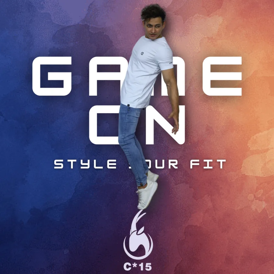 C-15 campaign poster of a model mid-jump in a white tee and jeans with the words Game On, Style Your Fit