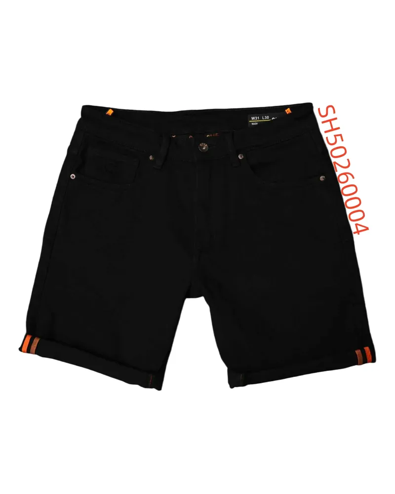 C-15 jet black denim half pants with rolled cuffs on a white background