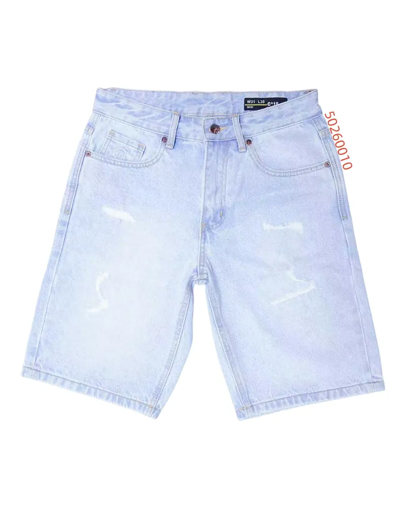 C-15 bleach-wash denim half pants photographed flat on a white studio background