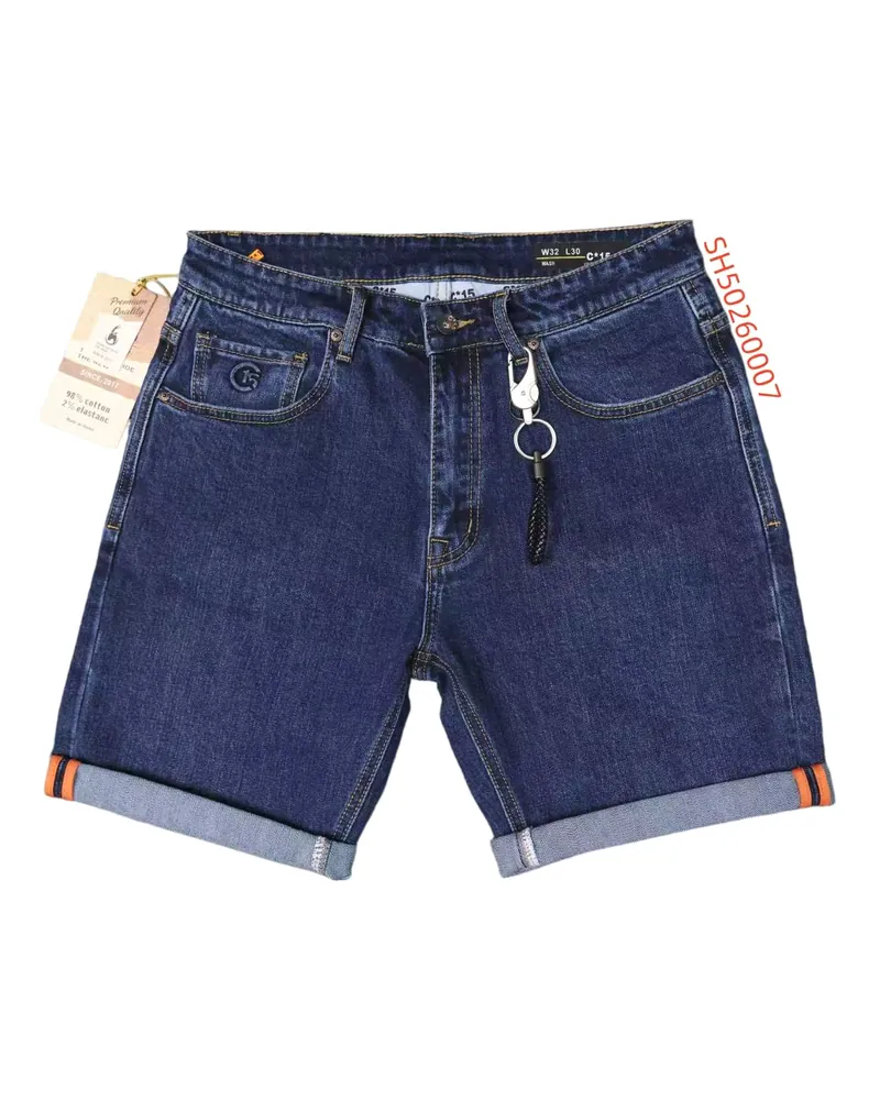 C-15 deep blue denim half pants with paper tag and ring charm on a white background