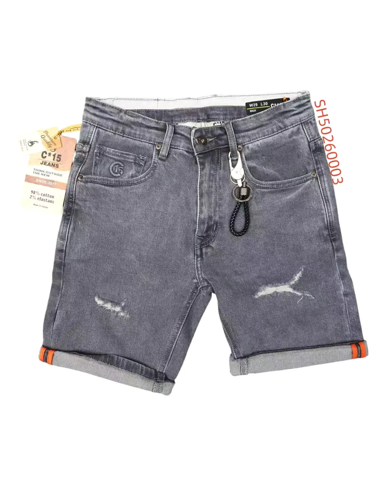 C-15 grey acid-wash denim half pants with distressing on a white background