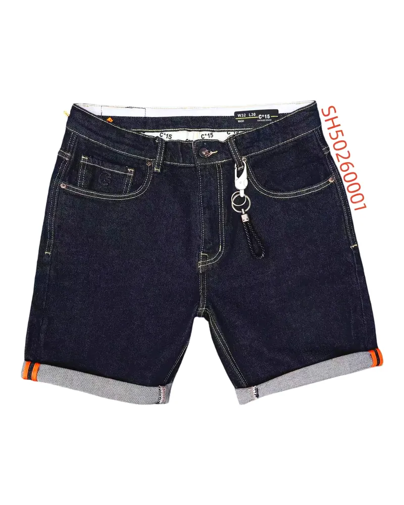C-15 dark indigo denim half pants with rolled cuffs and a keyring charm on a white background