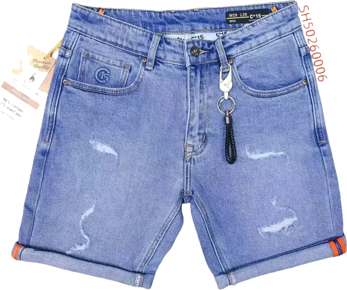 C-15 light-blue distressed denim half pants floating over an indigo background