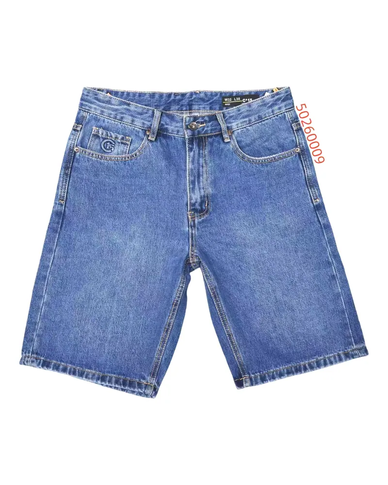 C-15 mid-blue denim half pants photographed flat on a white studio background